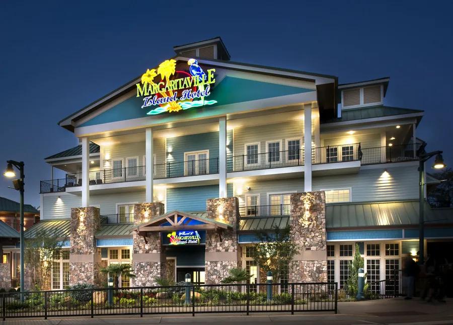 Margaritaville Island Hotel illuminated at dusk