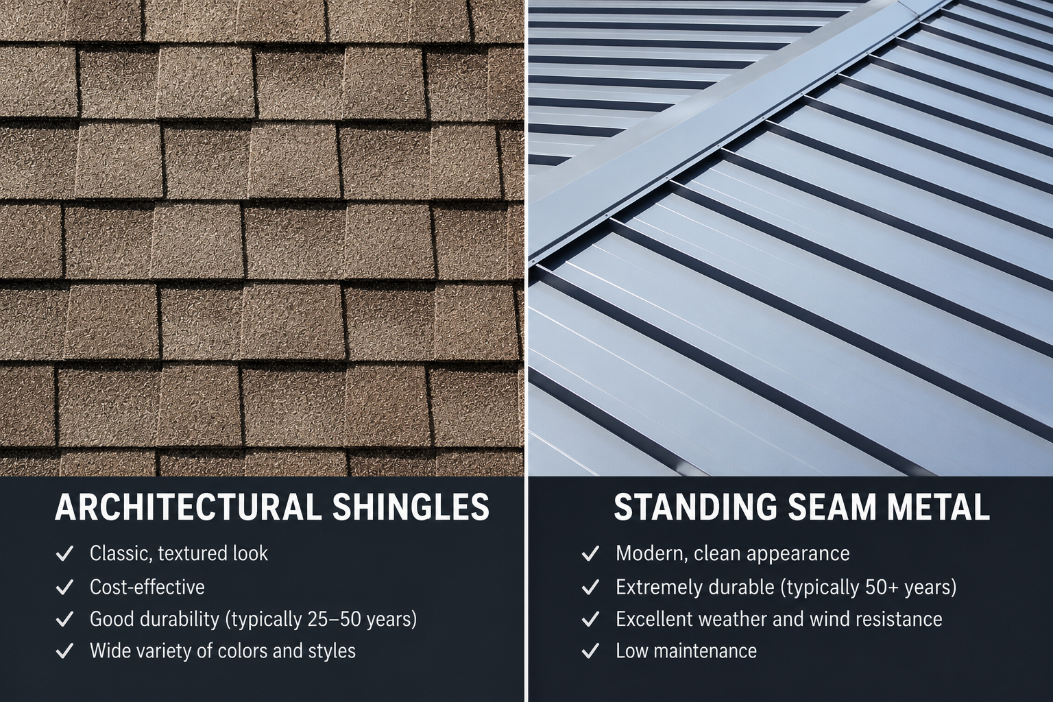 Architectural Shingles vs. Standing Seam Metal: What is the Best Roofing Material for Homes in St. Petersburg & Largo?