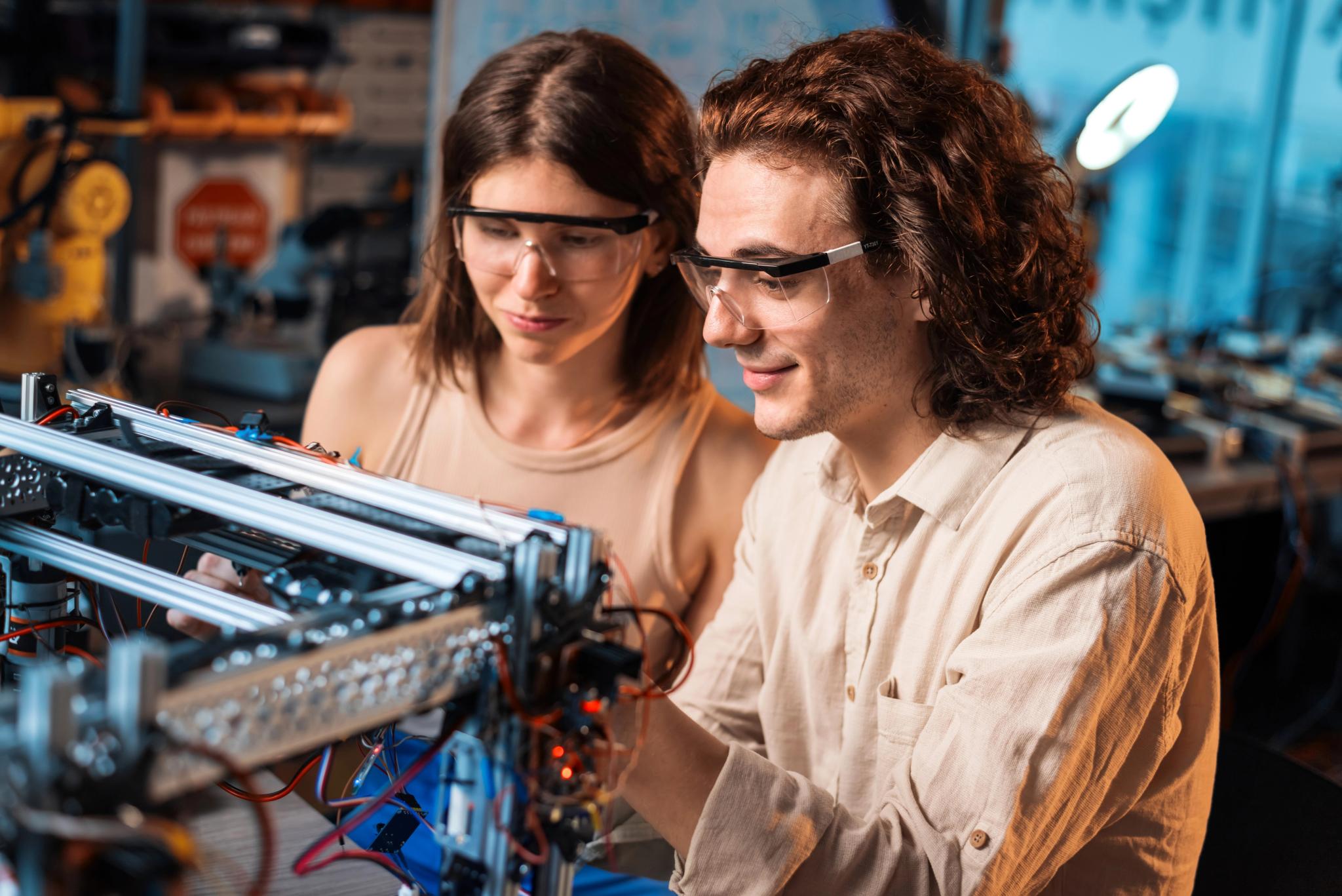 Young man woman protective glasses doing experiments robotics laboratory wooden robot