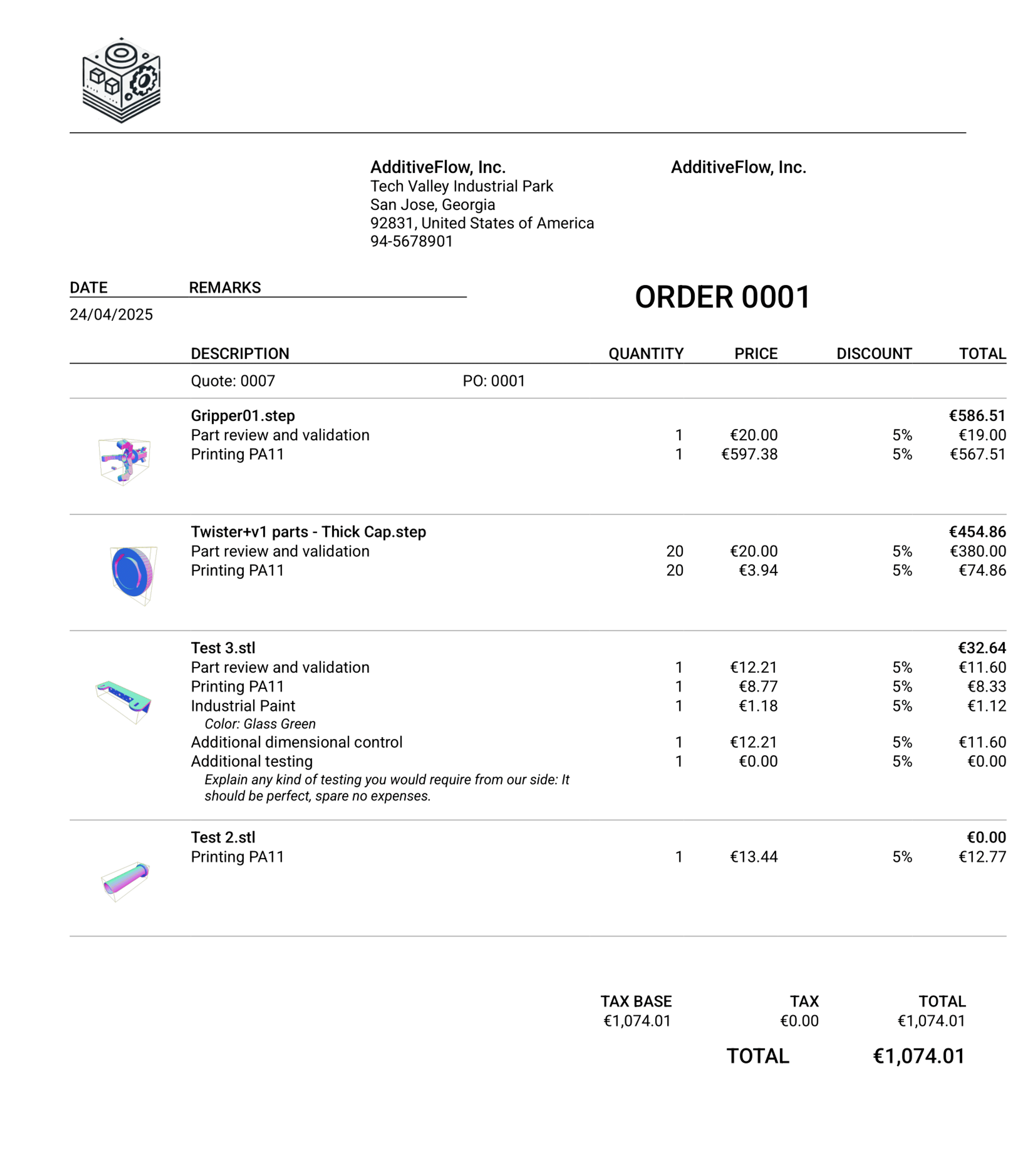 Example of a quote PDF showing line items, pricing breakdown, and total, without displaying the client's legal name in the payment section.