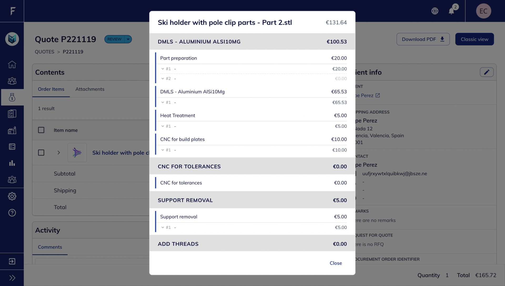 Quote item price breakdown modal showing formulas, operations, services, and calculated values that contribute to the final item price.