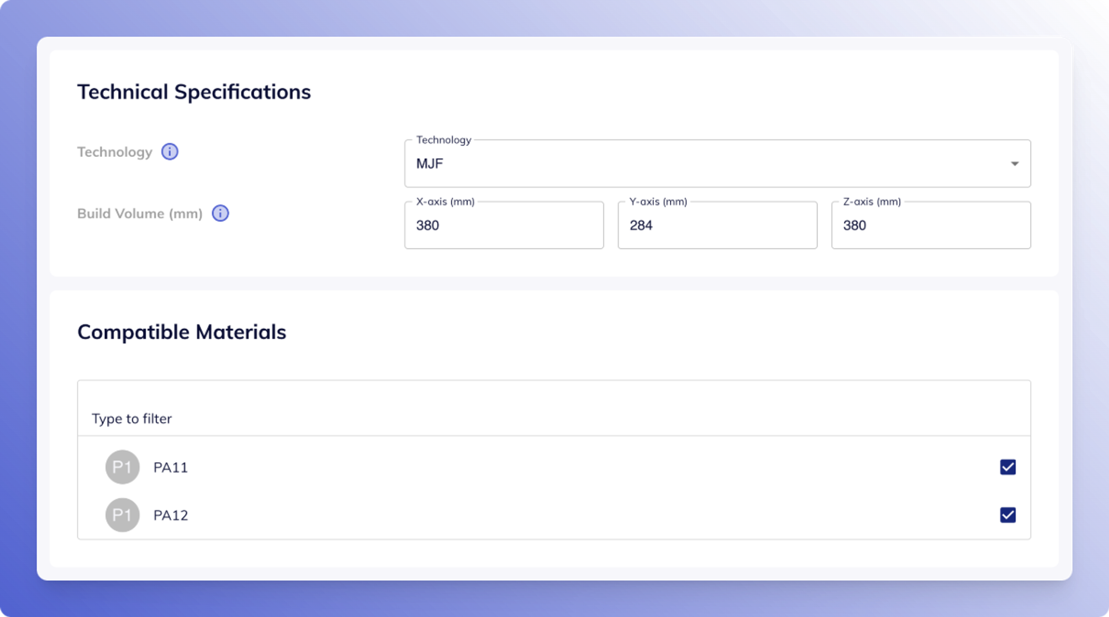Machine model settings, showing technical specifications for additive manufacturing machine