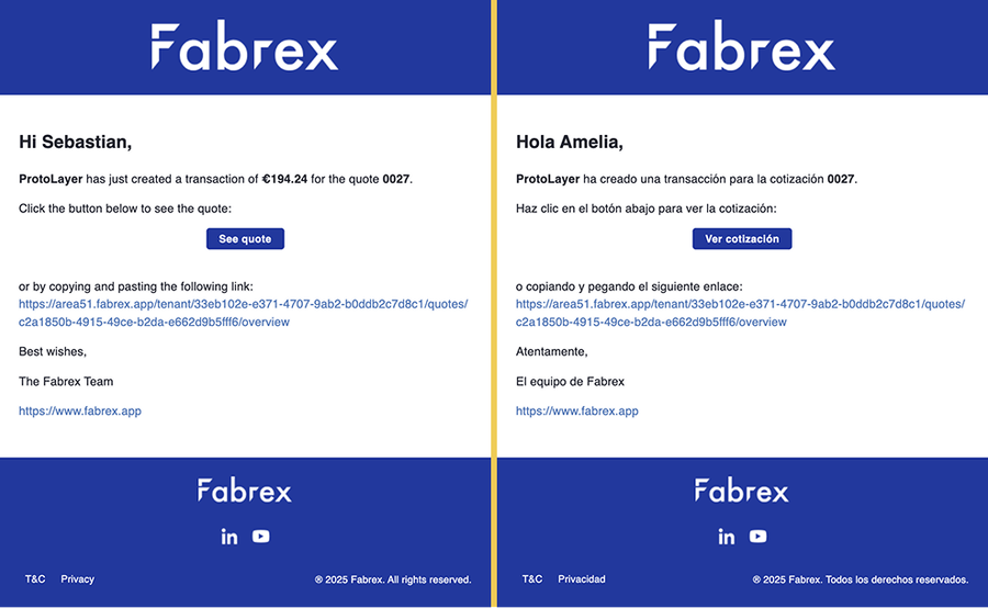 Side-by-side view of two Fabrex quote notification emails — one in English addressed to Sebastian, and one in Spanish addressed to Amelia