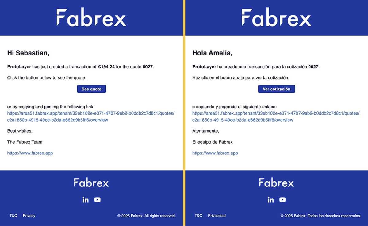 Side-by-Side Ansicht von zwei Fabrex Angebot Benachrichtigung E-Mails - eine in Englisch an Sebastian adressiert, und eine in Spanisch an Amelia adressiert