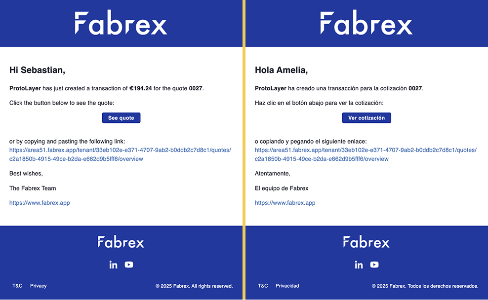 Side-by-Side Ansicht von zwei Fabrex Angebot Benachrichtigung E-Mails - eine in Englisch an Sebastian adressiert, und eine in Spanisch an Amelia adressiert