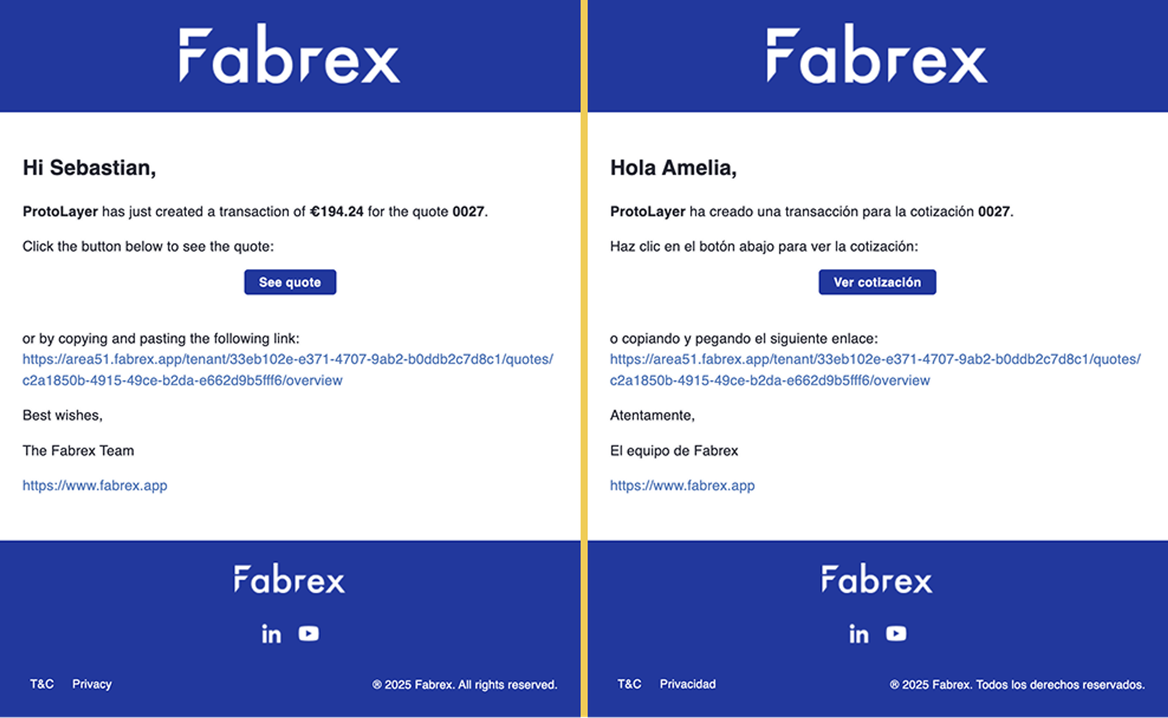 Side-by-side view of two Fabrex quote notification emails — one in English addressed to Sebastian, and one in Spanish addressed to Amelia