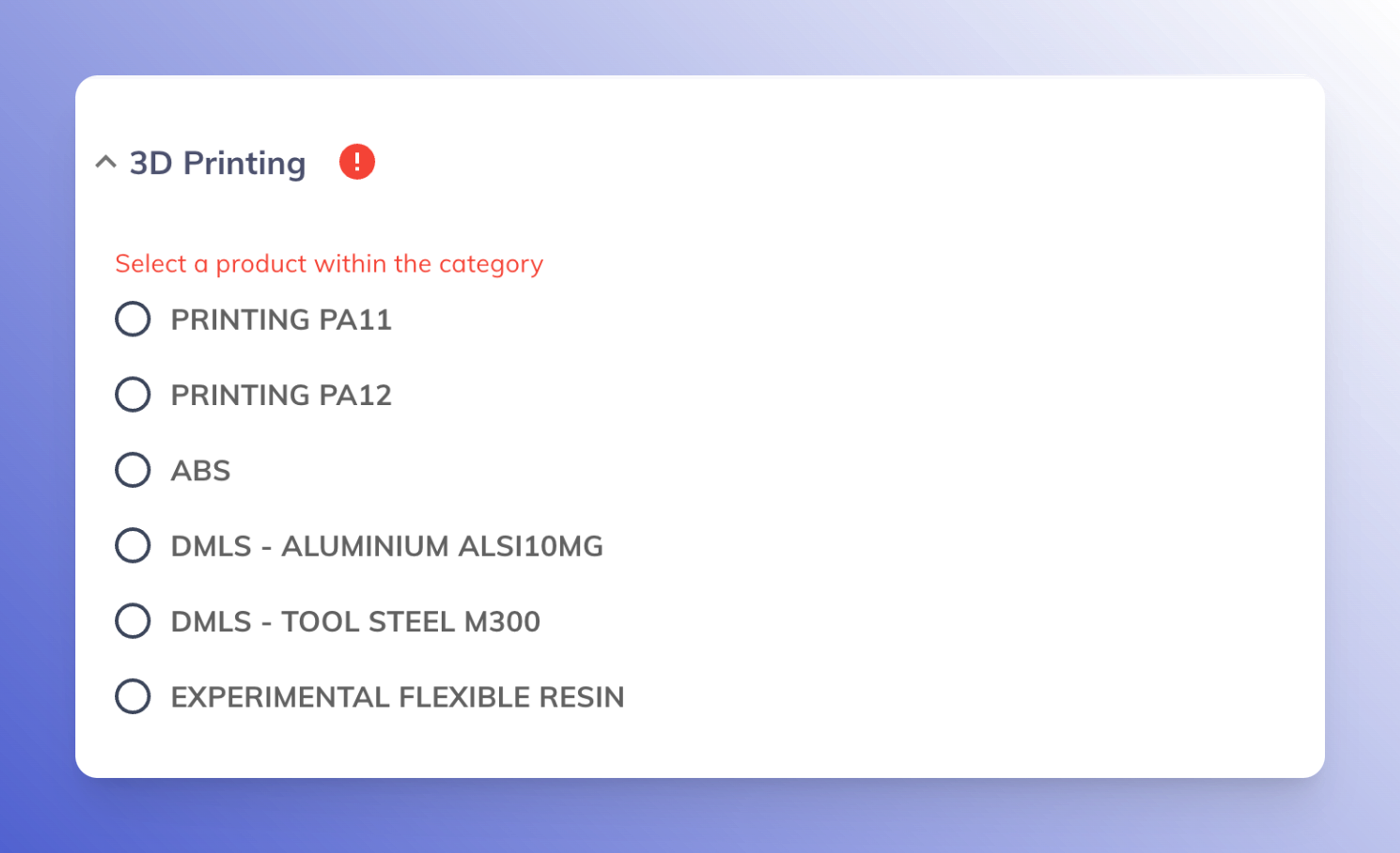 Product category details with an error indicating a product needs to be selected