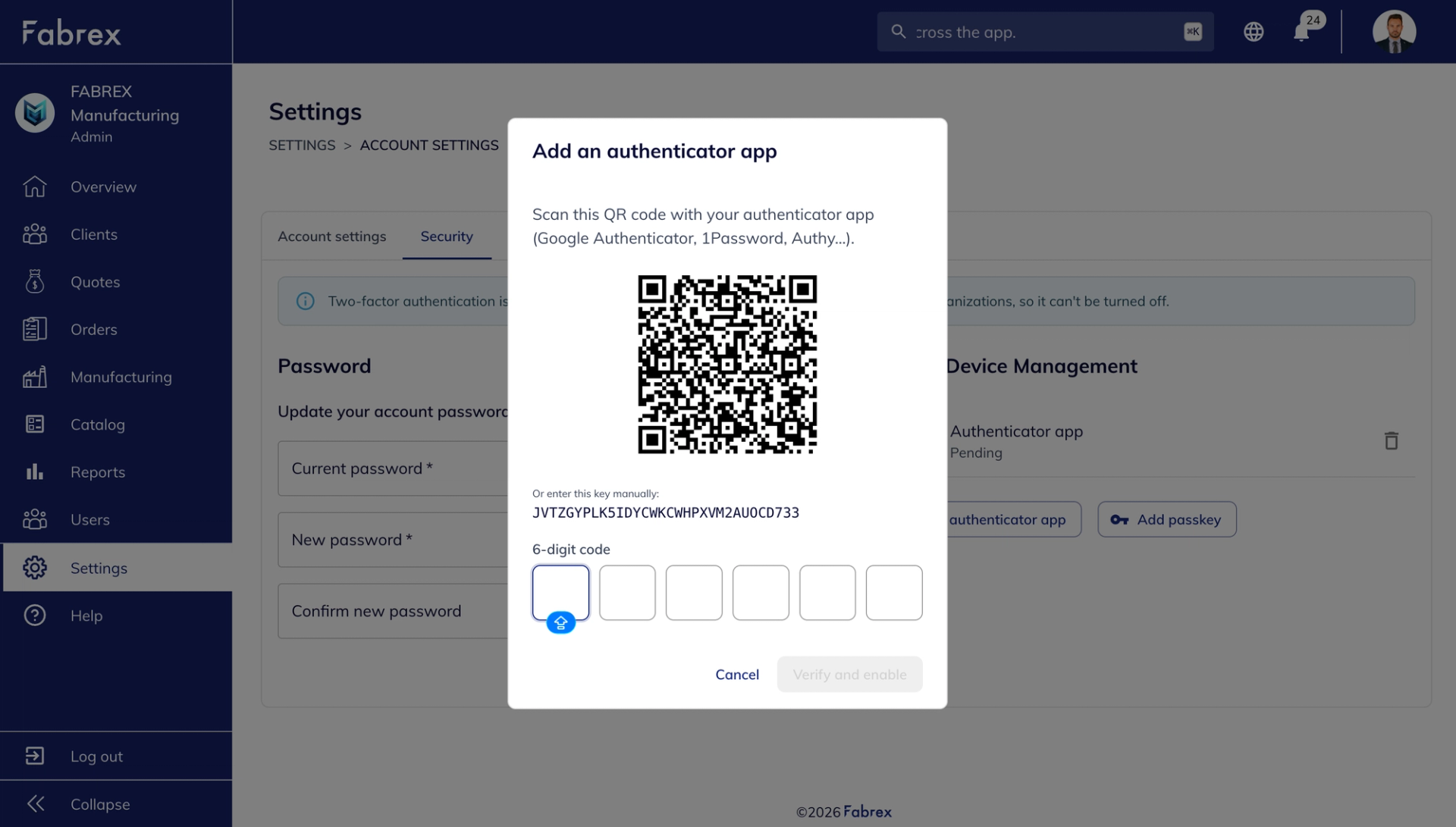 QR code setup screen for registering an authenticator application.