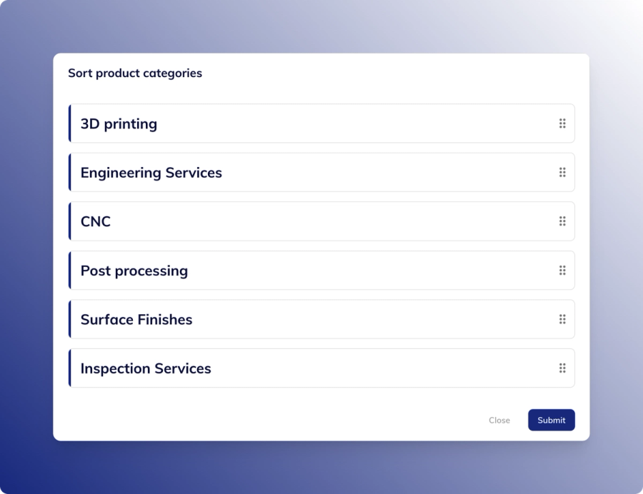 Modal showing draggable list for reordering categories