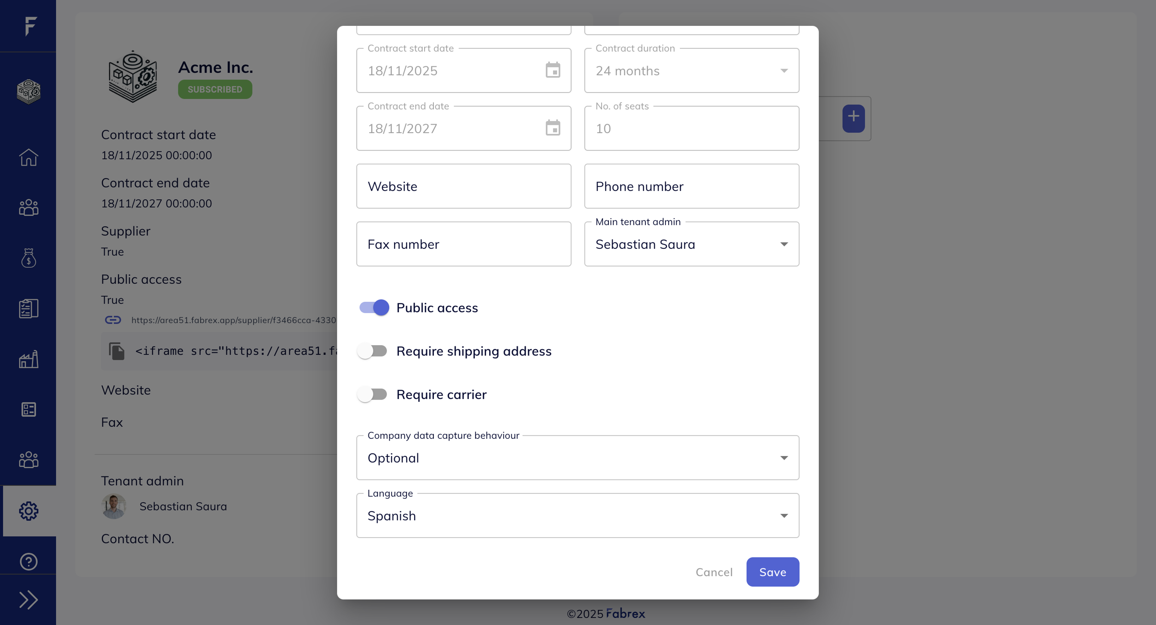 Modal window in Fabrex showing organisation-level settings, with language dropdown set to Spanish