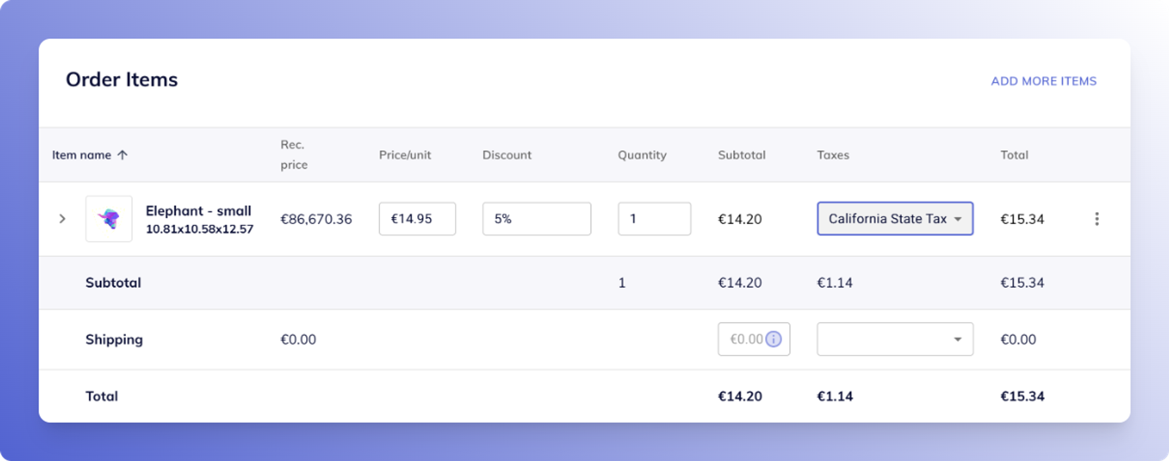 Order item entry interface displaying a product with the “California State Tax” automatically applied based on the shipping region.