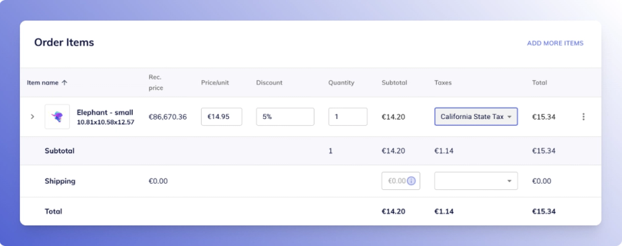 Order item entry interface displaying a product with the “California State Tax” automatically applied based on the shipping region.