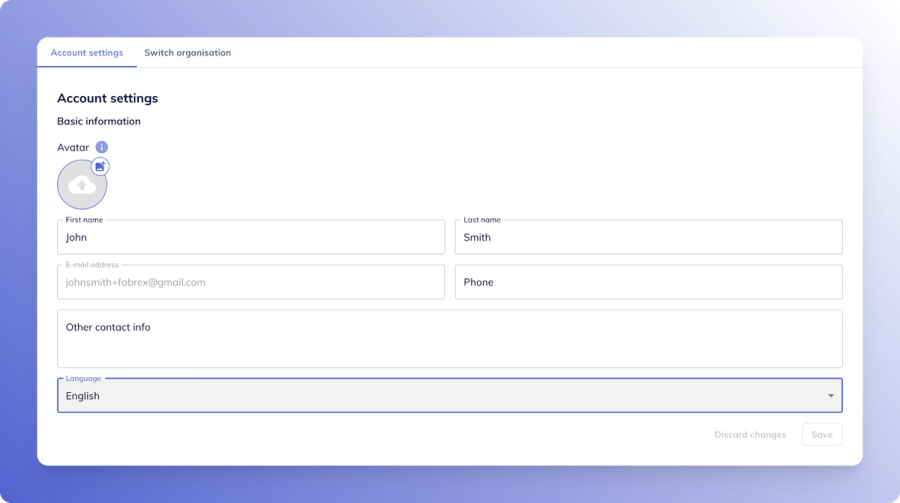Fabrex user account settings page showing language dropdown set to English