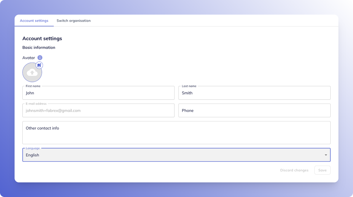 Fabrex Benutzerkontoeinstellungen Seite mit Sprach-Dropdown auf Englisch eingestellt