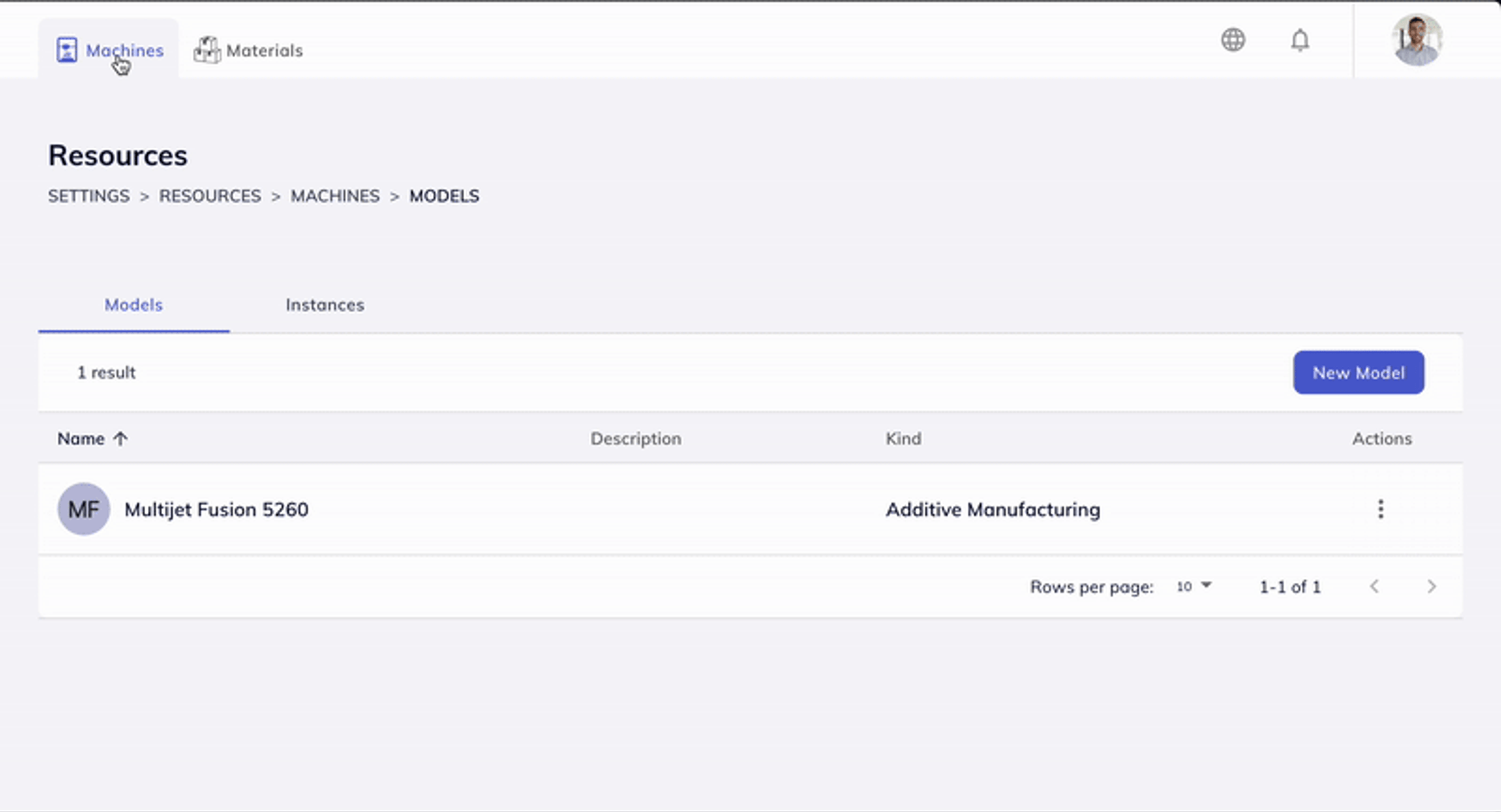 Gif showing a view of resources settings, with machines and materials