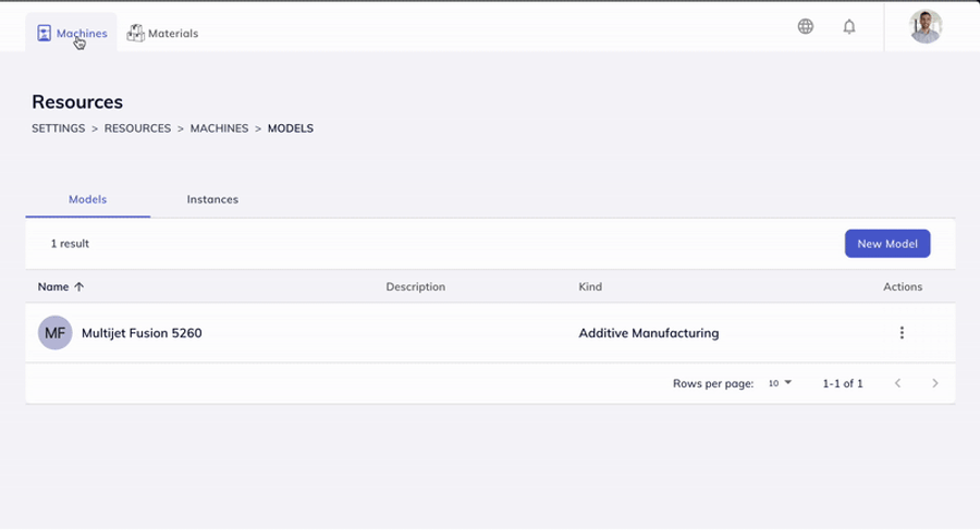 Gif showing a view of resources settings, with machines and materials