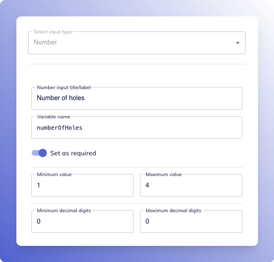 Number input configuration form, showing new variable name and min, max value, and min and max decimal digits