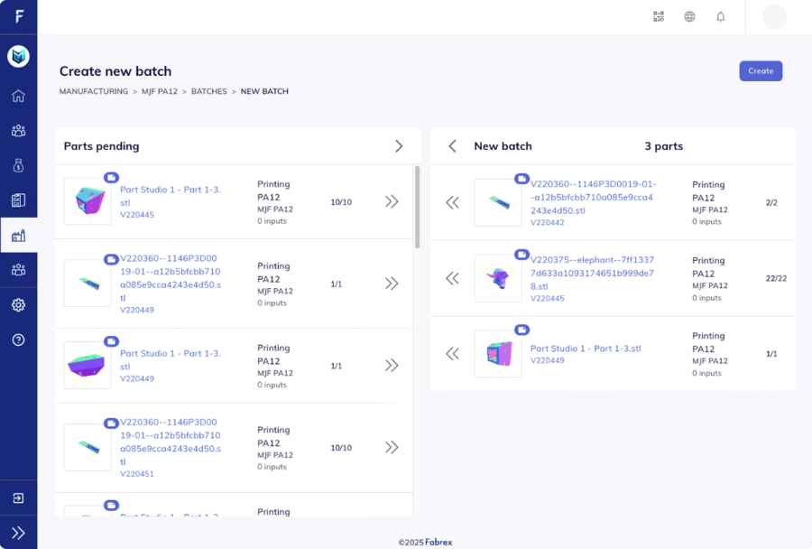 Desktop view of batch creation parts form