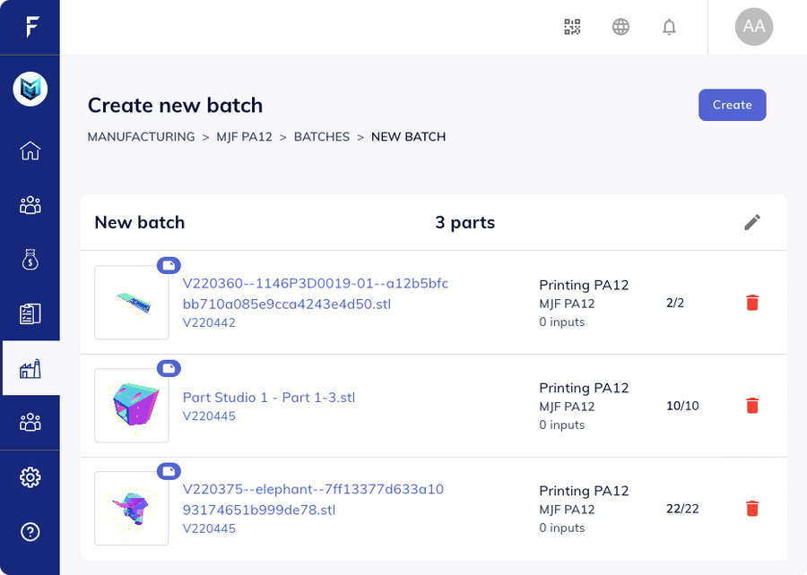 Mobile view of batch creation parts form