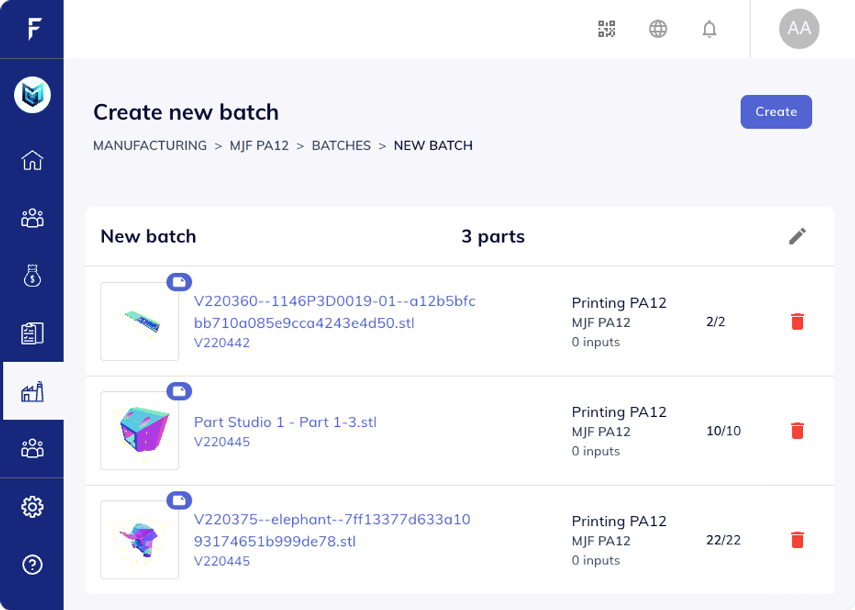 Mobile Ansicht von Batch-Erstellung Teile Form