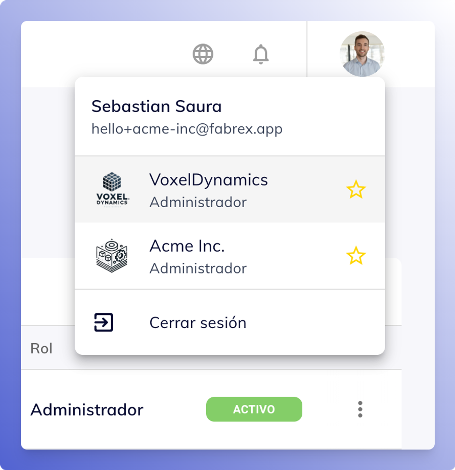 Organization switcher window from the profile