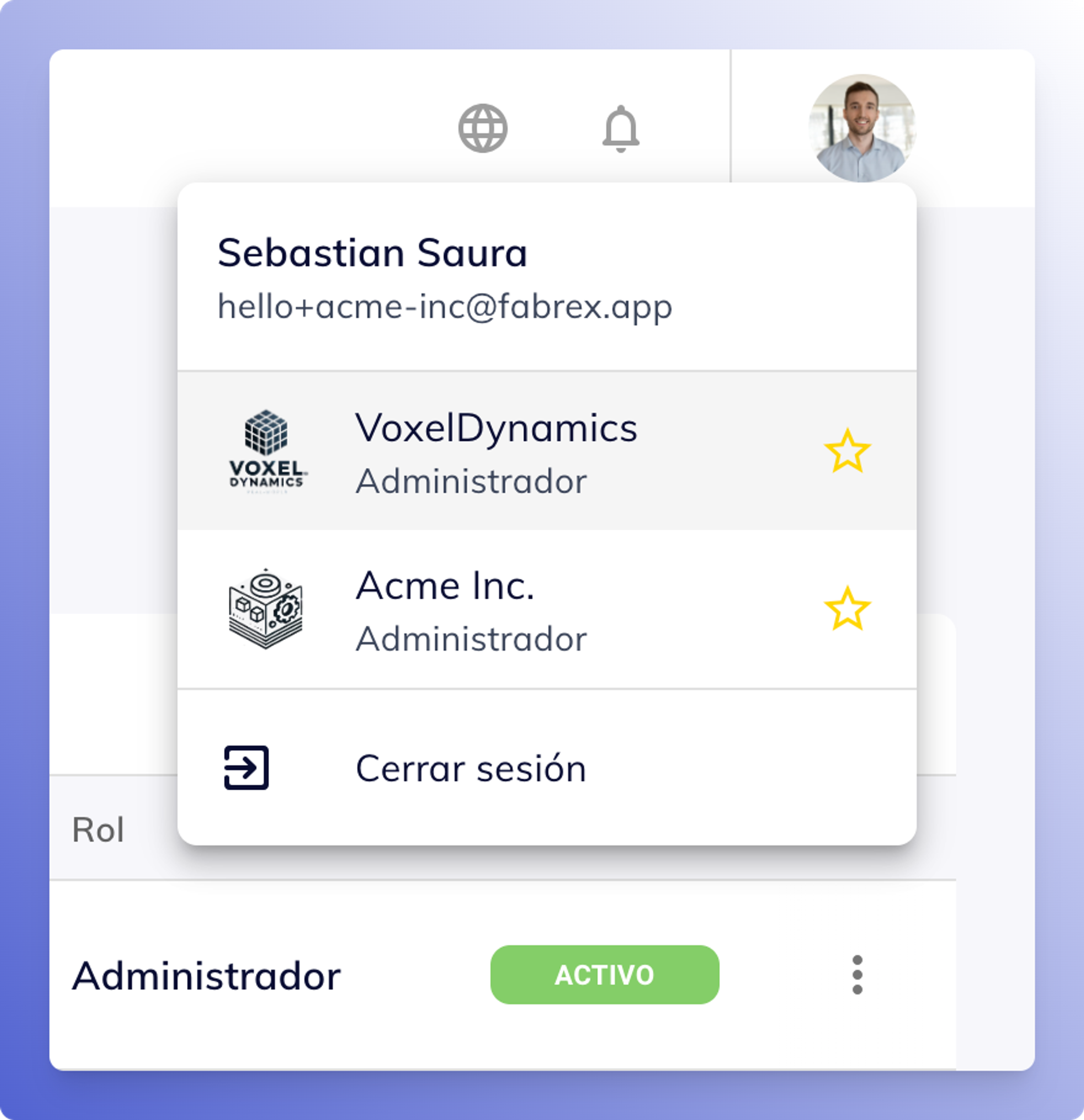 Organization switcher window from the profile