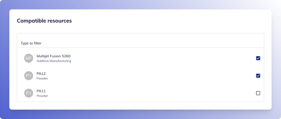 Process settings showing compatible resources