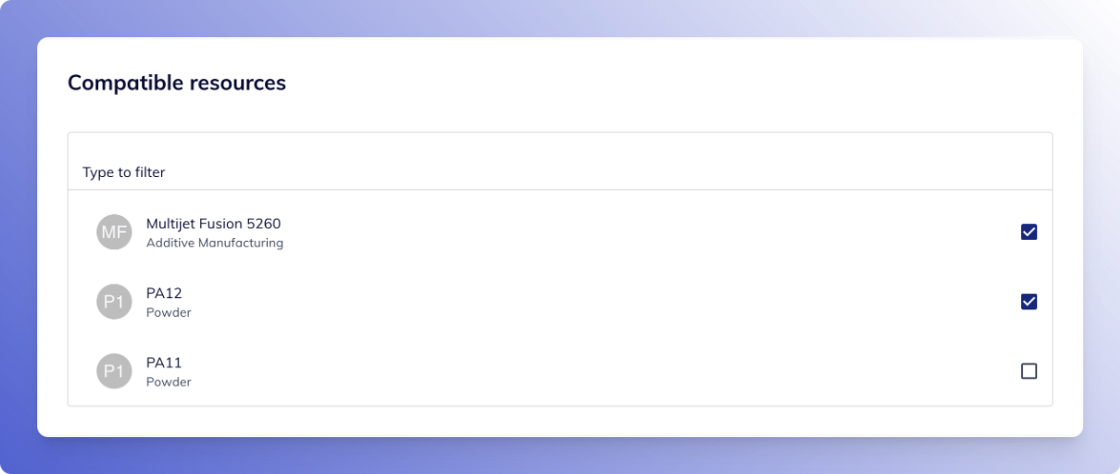 Process settings showing compatible resources