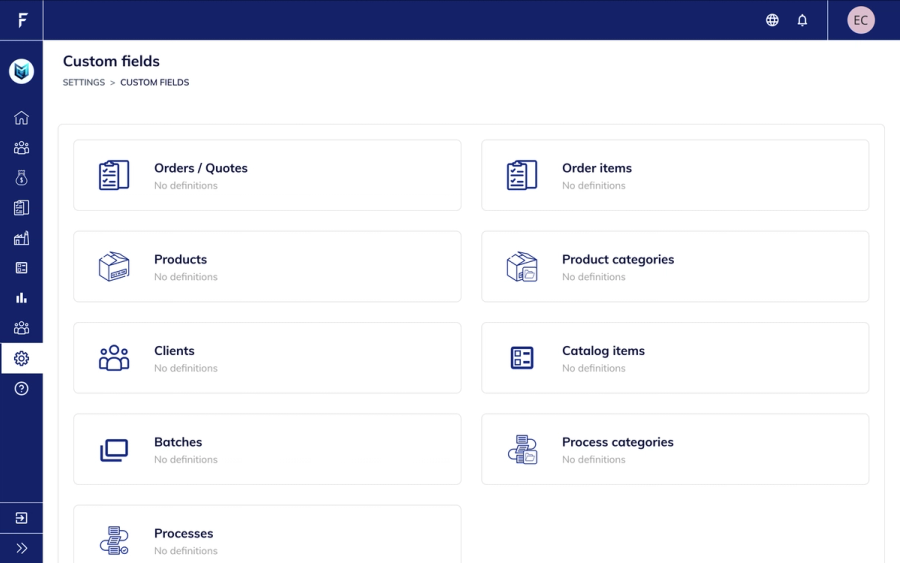 Settings page displaying configurable custom fields across entities