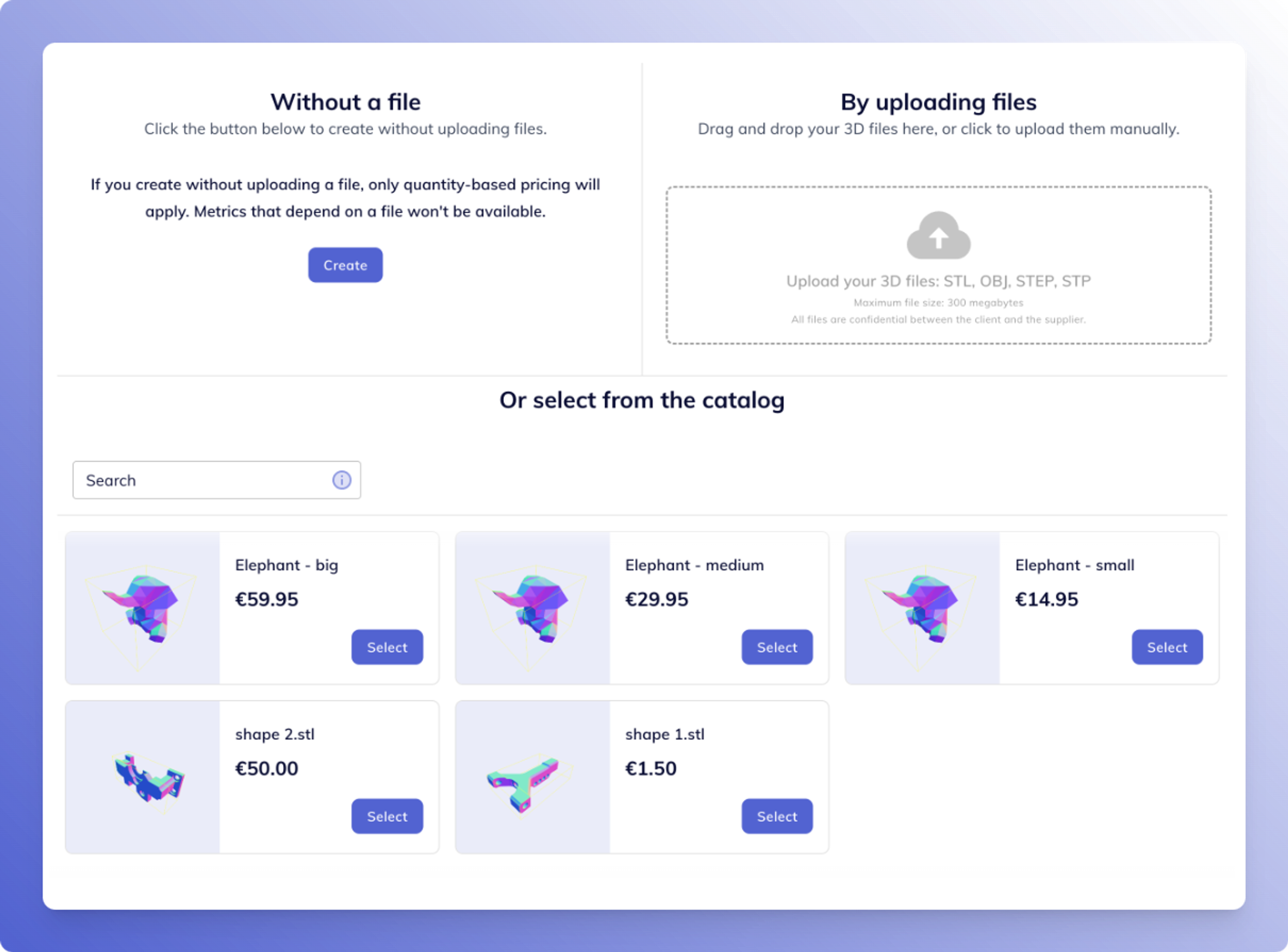 Quote item creation step, showing options to continue without a file, uploading a file, or choosing a catalog item