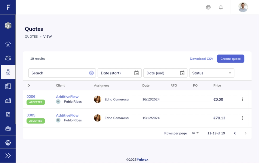 Quotes table with “Client Contact” column showing names/emails