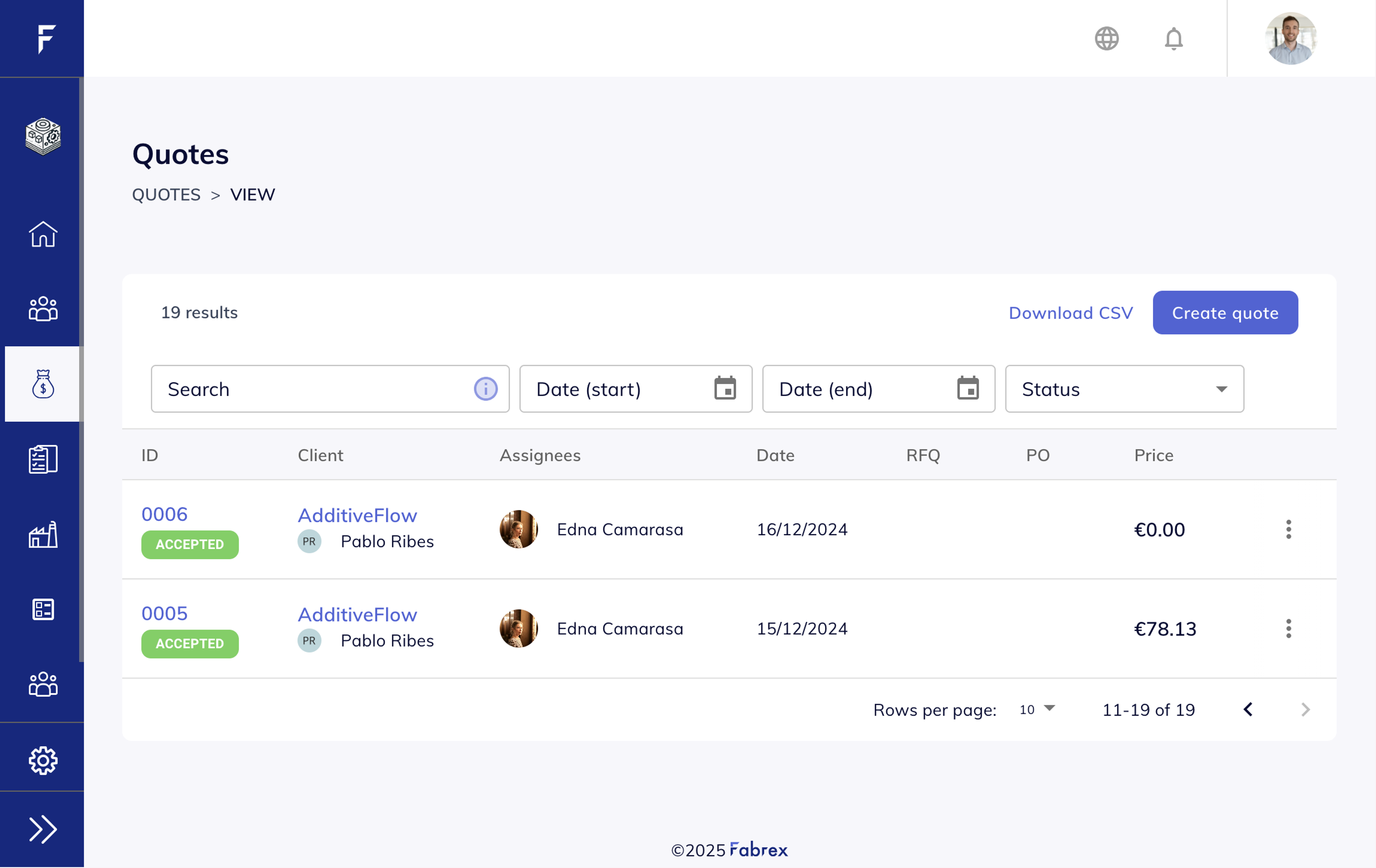 Quotes table with “Client Contact” column showing names/emails