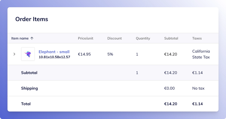 Client-facing order item screen showing tax recalculations based on selected shipping address with dynamic update from “No tax” to “California State Tax.”