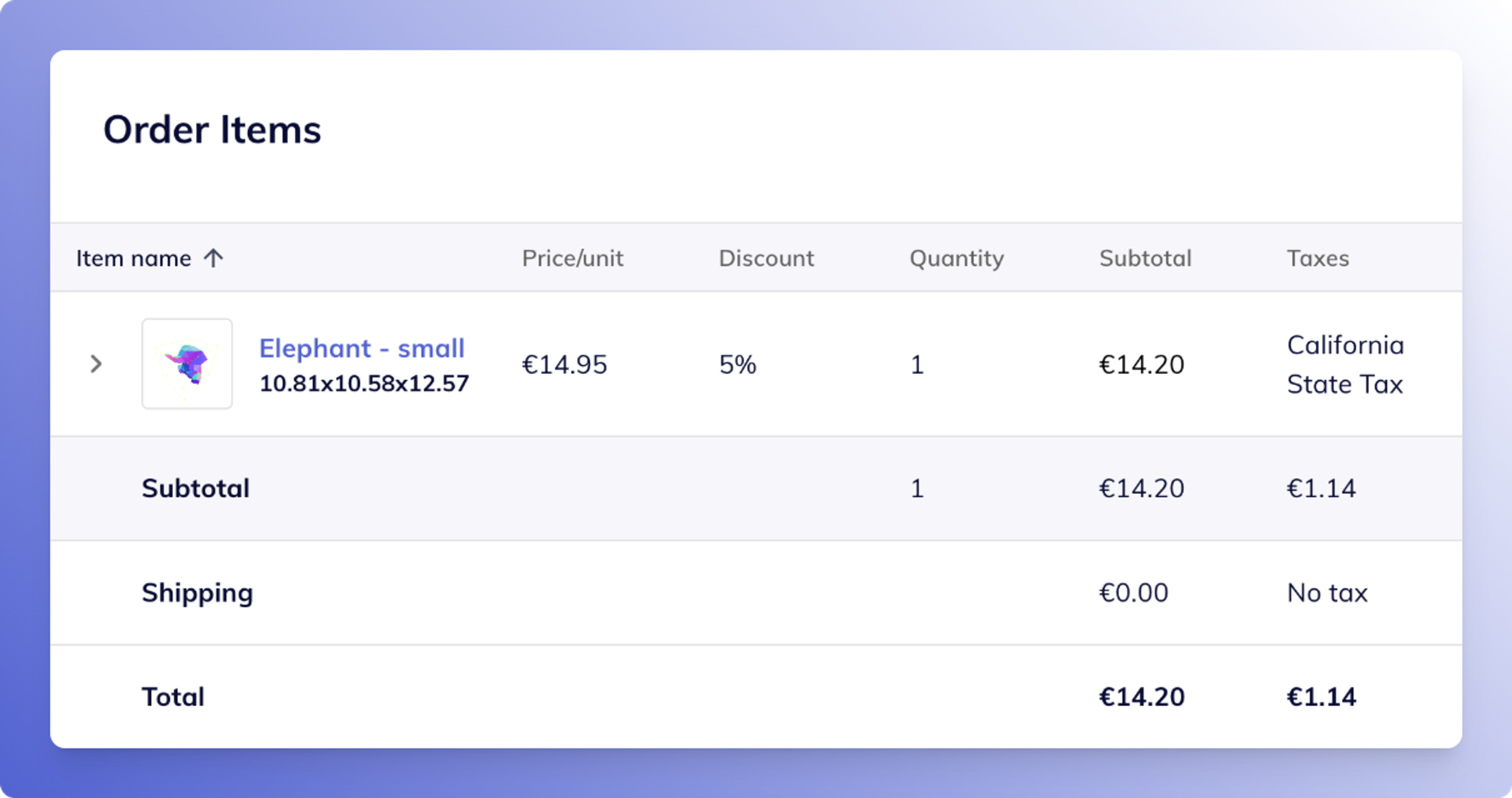 Client-facing order item screen showing tax recalculations based on selected shipping address with dynamic update from “No tax” to “California State Tax.”