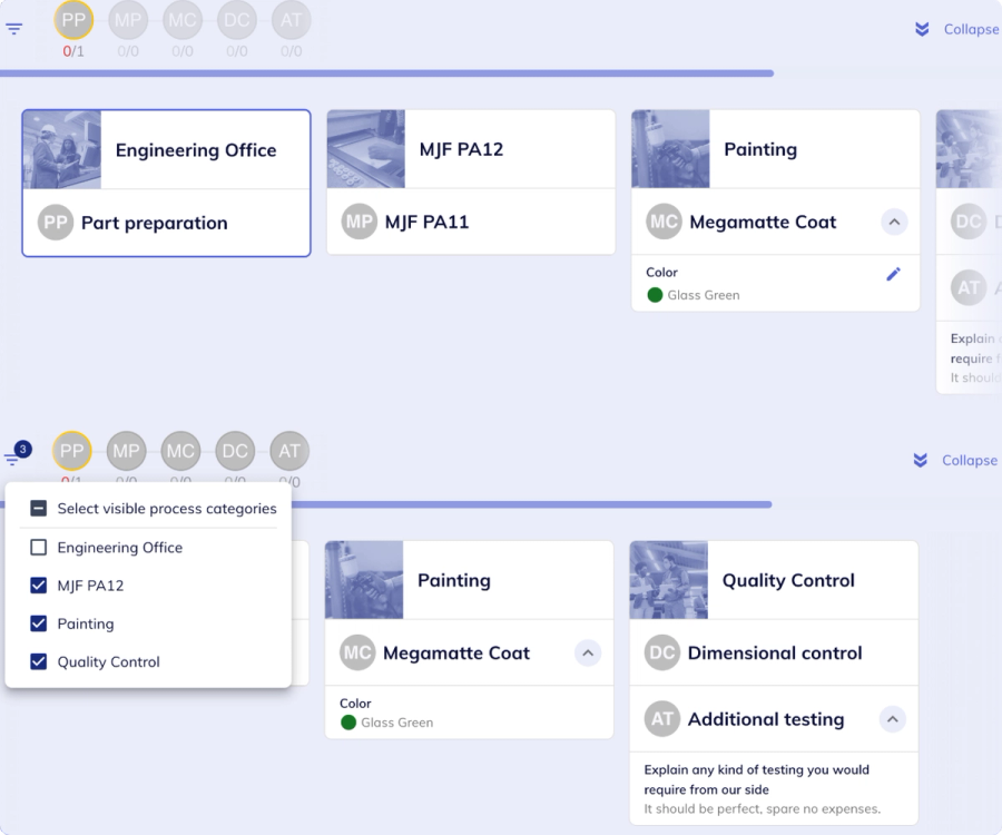2 images of the same drawer: the first shows it with a highlighted category, while the second shows the filter for selecting visible categories