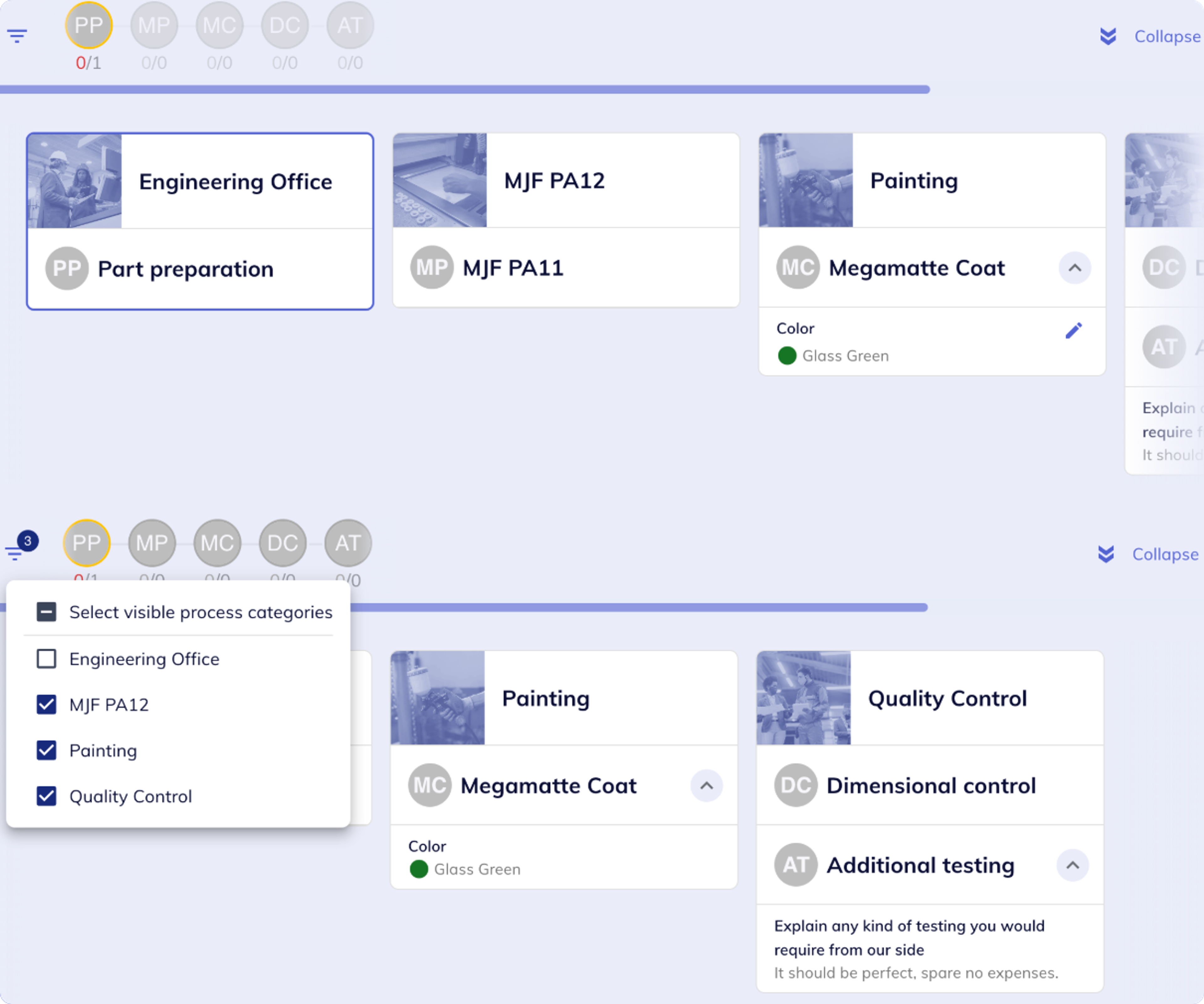 2 images of the same drawer: the first shows it with a highlighted category, while the second shows the filter for selecting visible categories