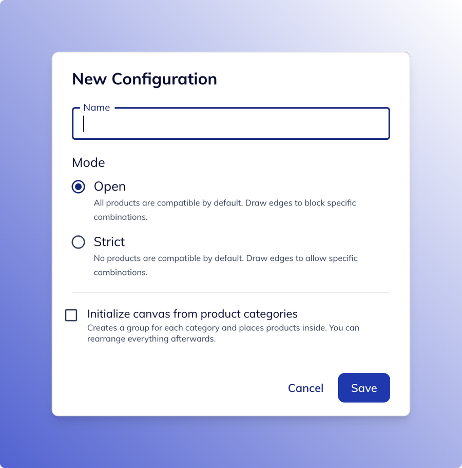 Dialog for creating a new dependency configuration with Open and Strict compatibility modes.