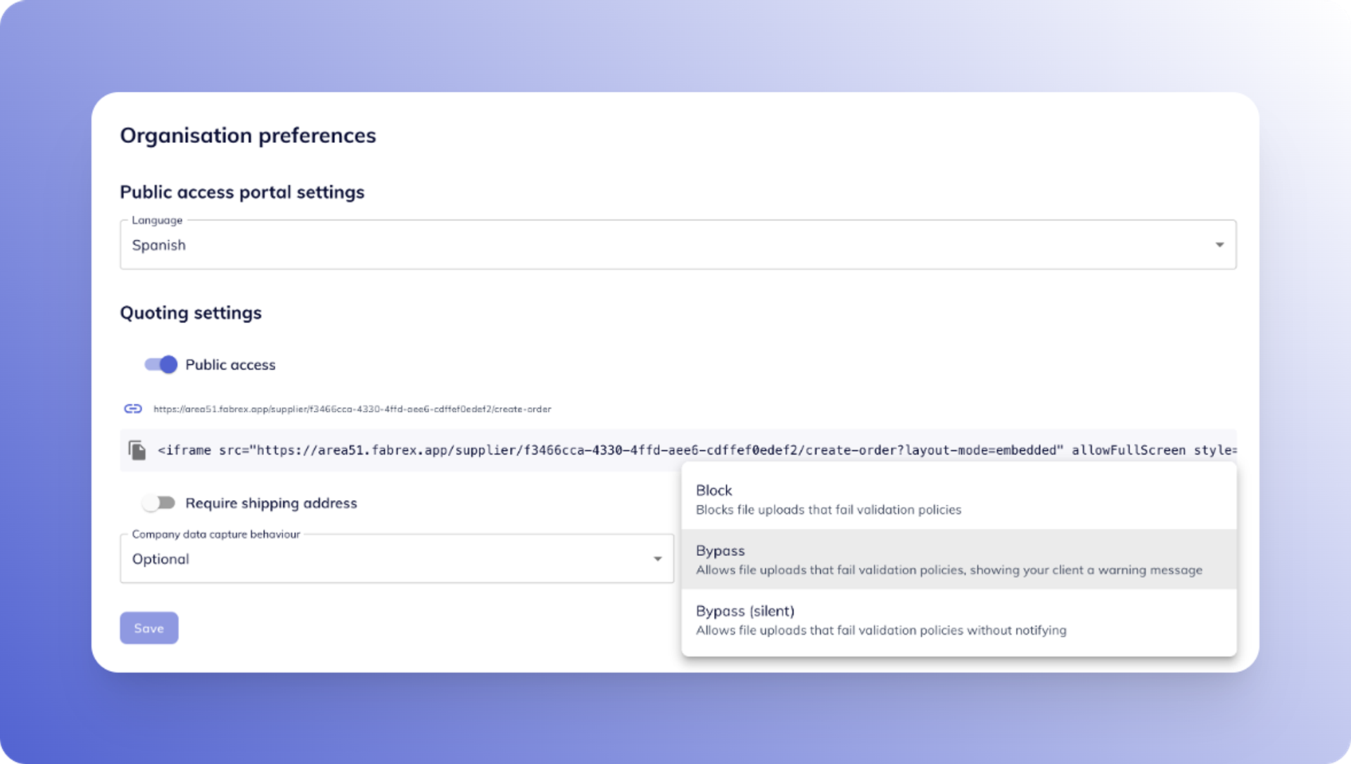 Organisation preferences card showing the client file validation policy options