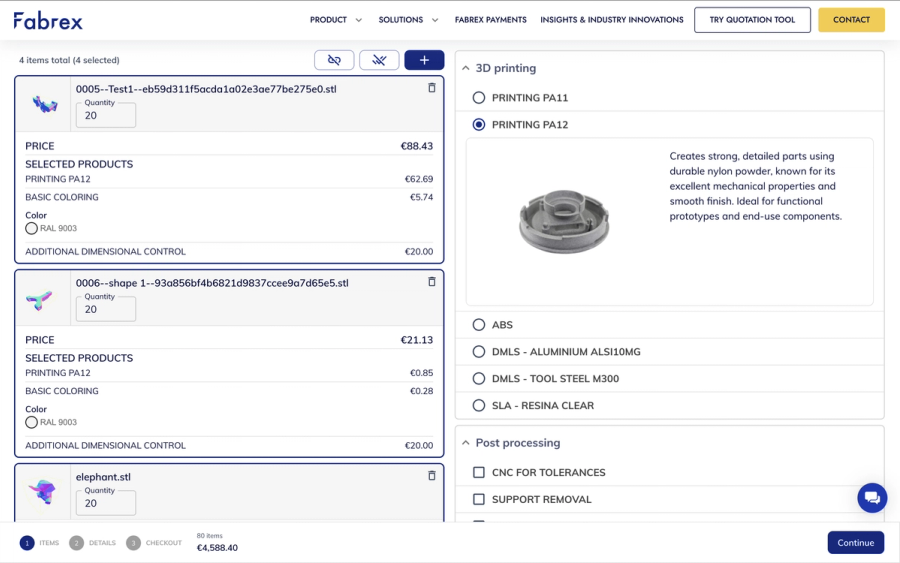 Customer-facing portal showing a step-by-step quote interface aligned with internal quote UI.