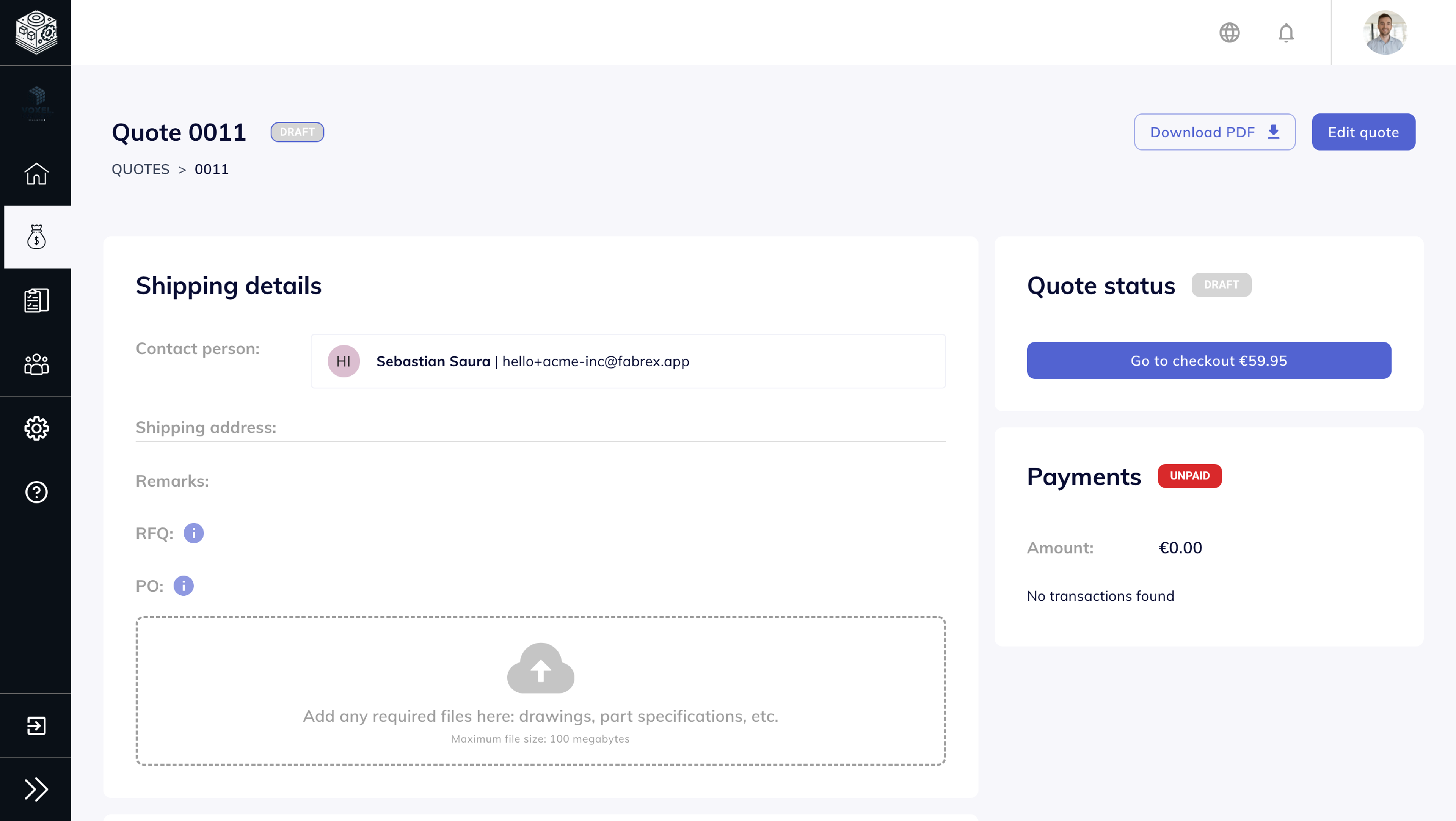 Client dashboard showing editable RFQ and PO fields