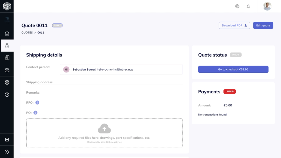 Client dashboard showing editable RFQ and PO fields