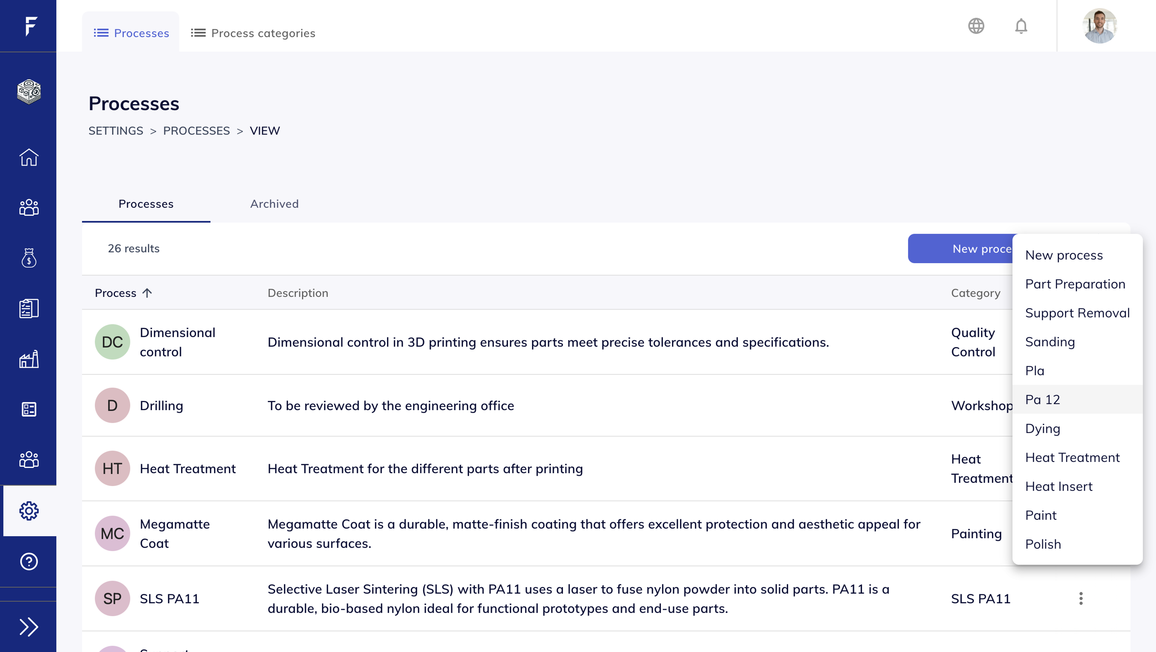 Process list UI with dropdown menu showing templates like Part Preparation, Support Removal, Pa 12, Heat Treatment, etc.