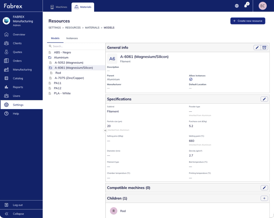 Material details page displaying inherited specifications from a parent resource.