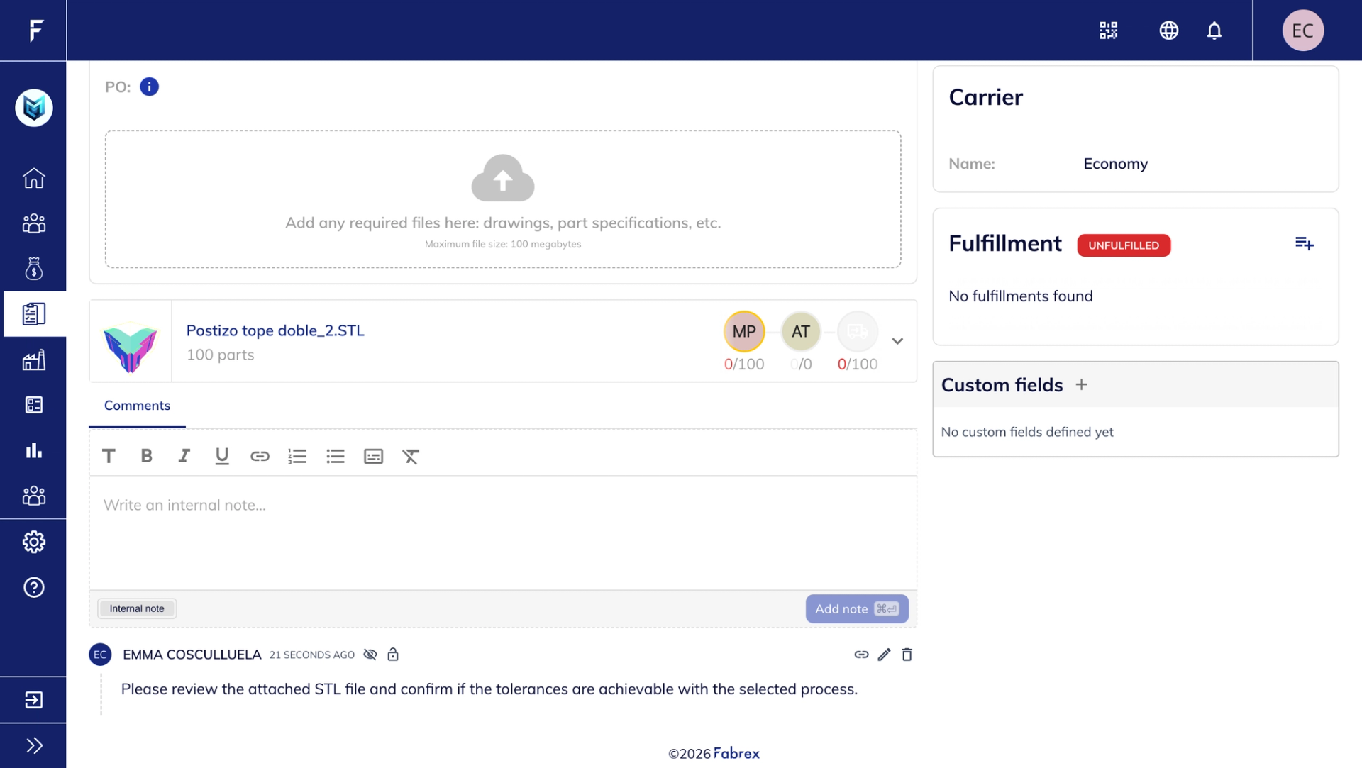 Quote page showing internal comment thread with note editor and history