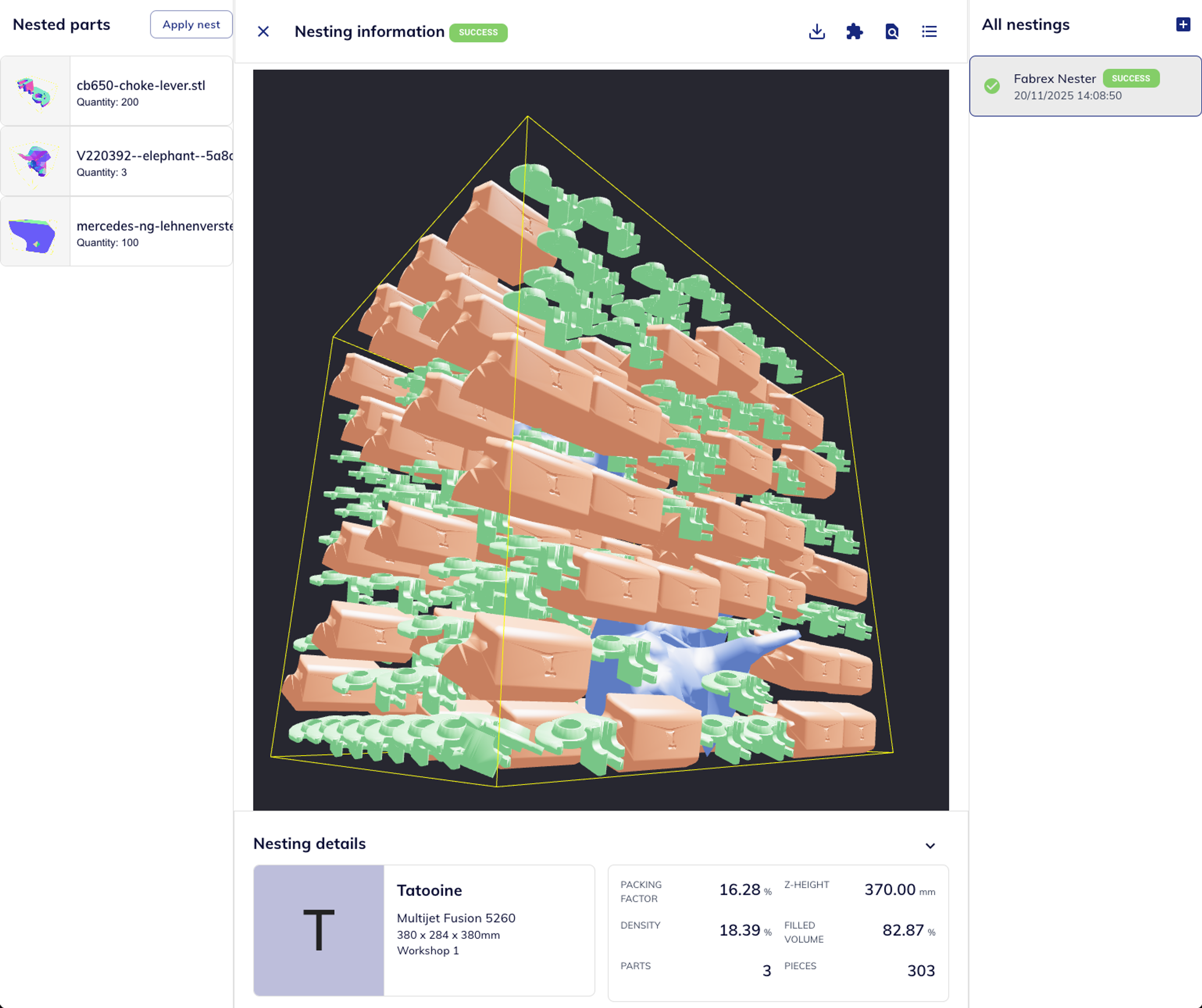 Nesting tab with parts listed and metrics on the bottom