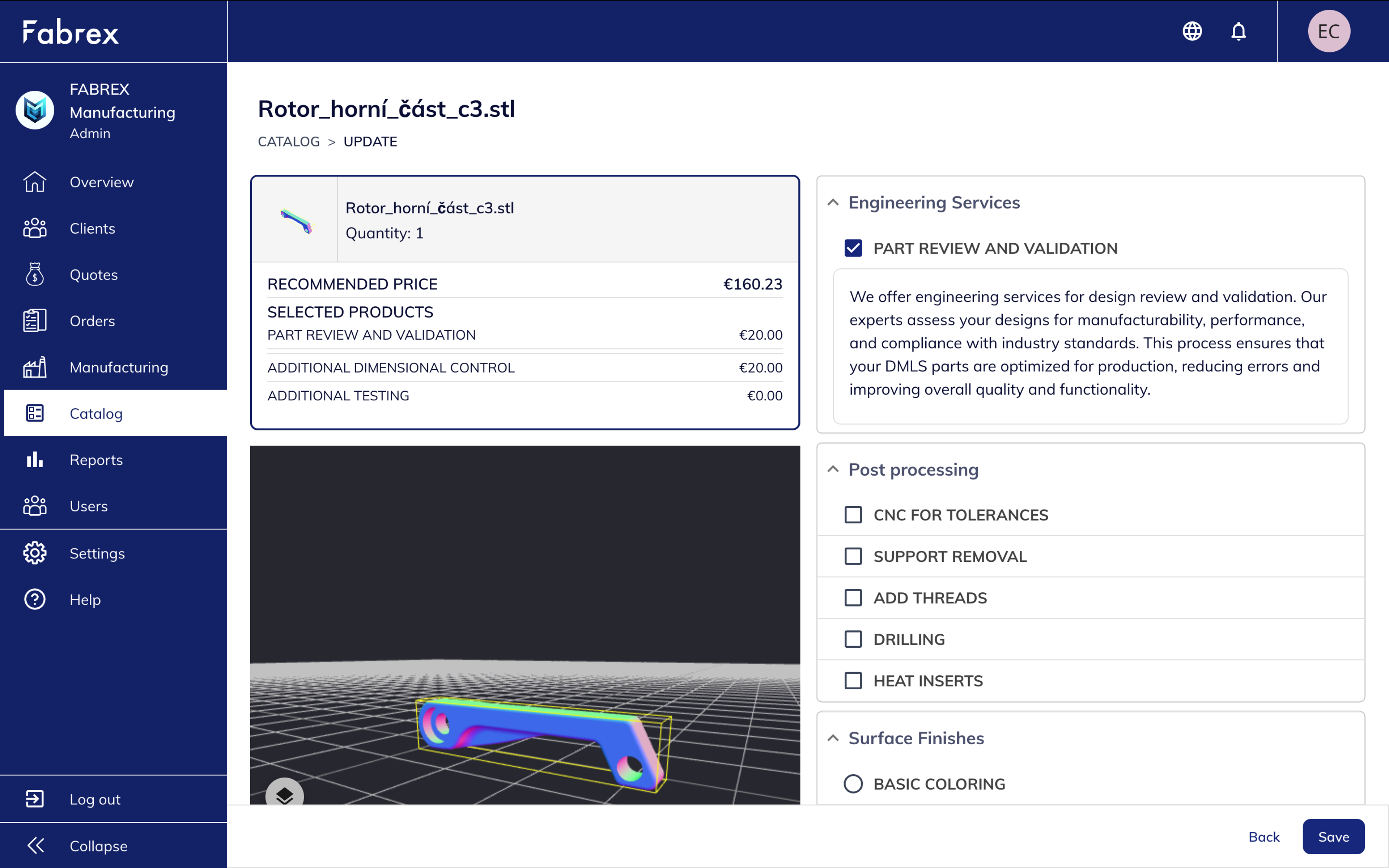 Catalog interface using the same layout and interaction model as the Quote page.