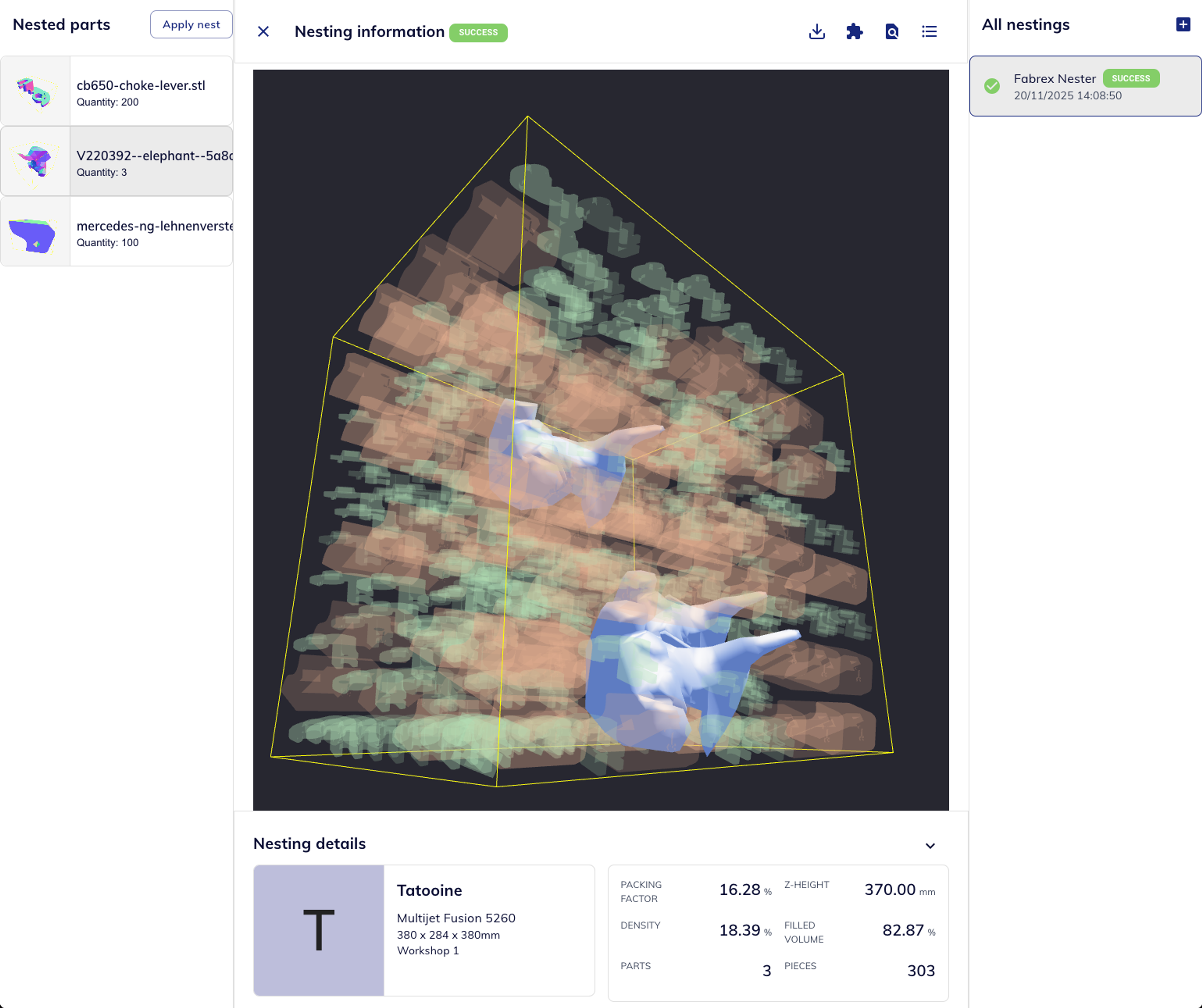 Final nested STL preview with color-coded parts