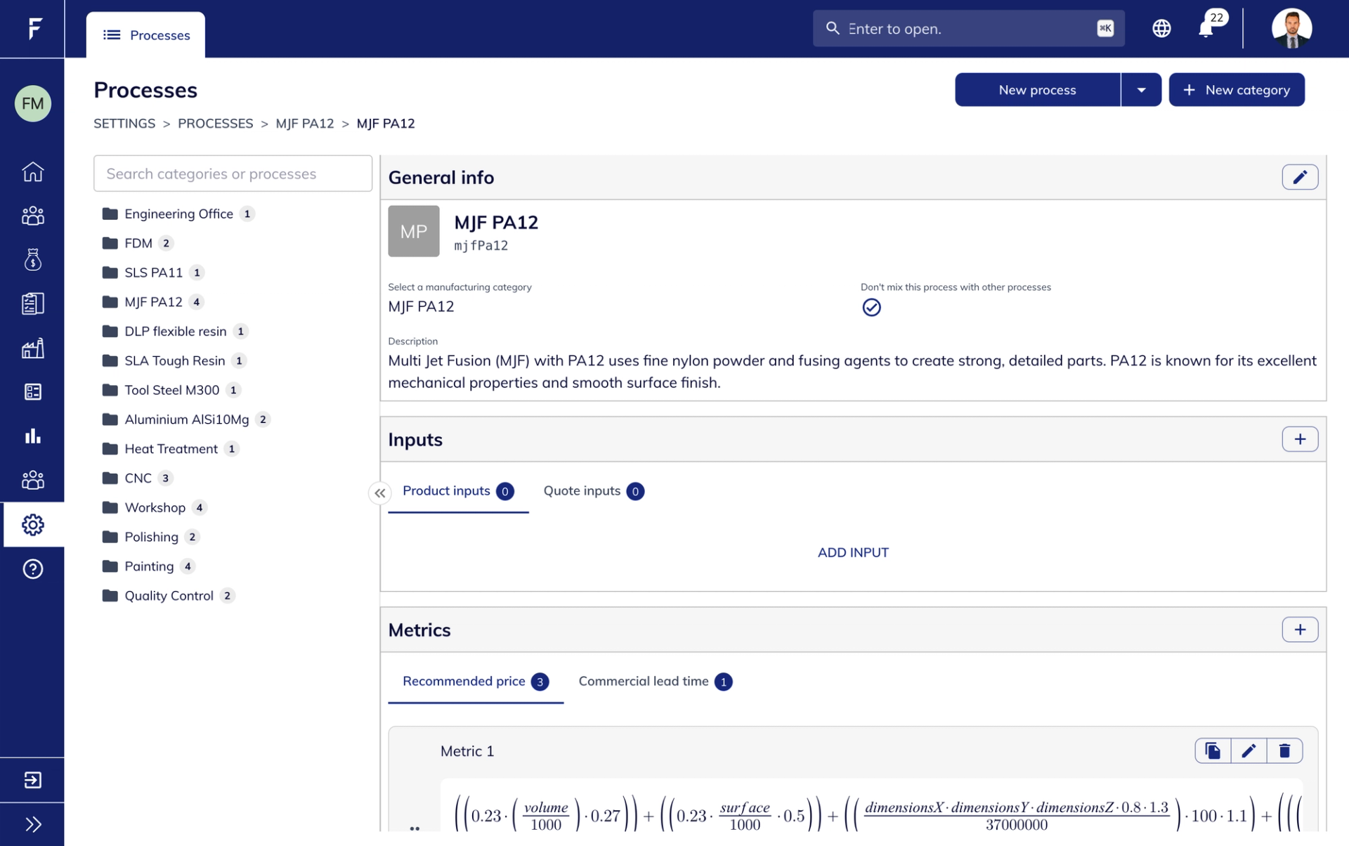 Manufacturing process configuration showing product inputs, quote inputs, recommended pricing and commercial lead time metrics.