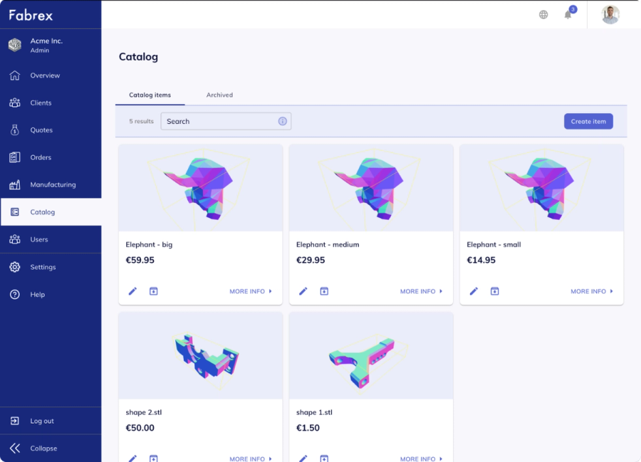 Supplier catalog page, showing the existing catalog items