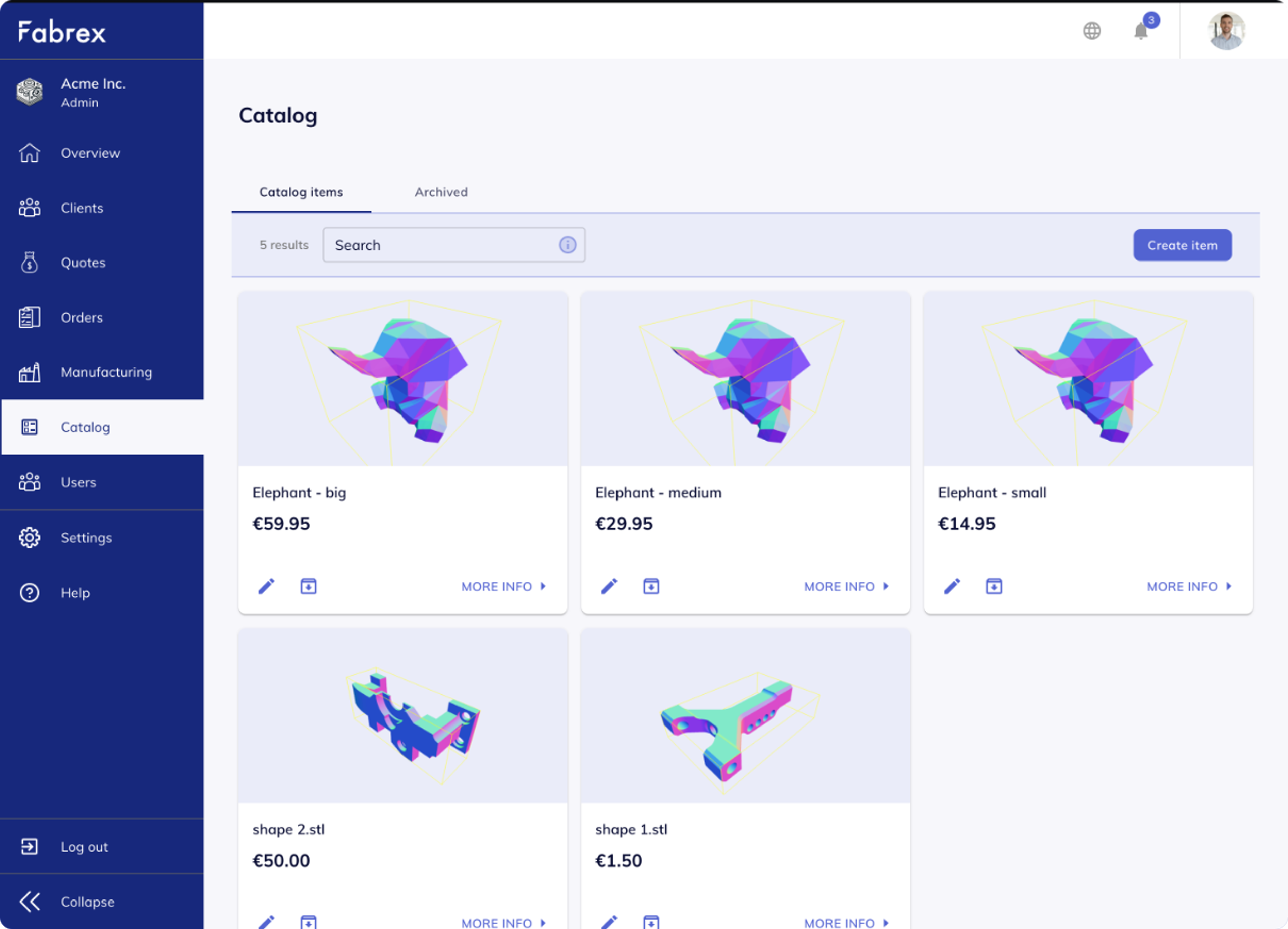 Supplier catalog page, showing the existing catalog items